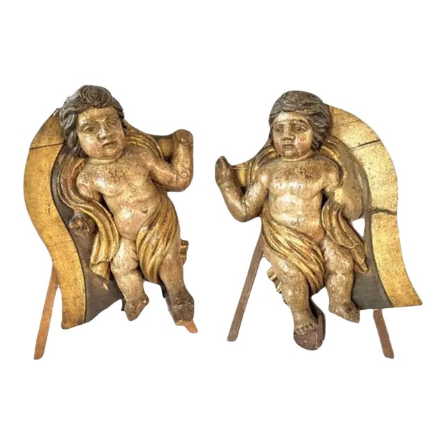 Italian Baroque Putti Sculptures, Hand-Carved Wood, 18th Century For Sale
