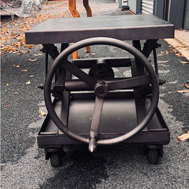 American Vintage Solid Steel Scissor Lift Table From Restoration Hardware For Sale - Image 3 of 6