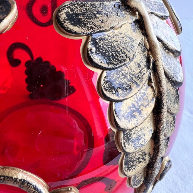 Ruby Red 1970s Fifth Ave Crystal Ltd. Red Tealight Candle Potpourri Bowl Vase With Gold Leaves For Sale - Image 8 of 12