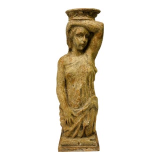 Antique Carved Wood Female Caryatid Holding Vessel on Her Head For Sale