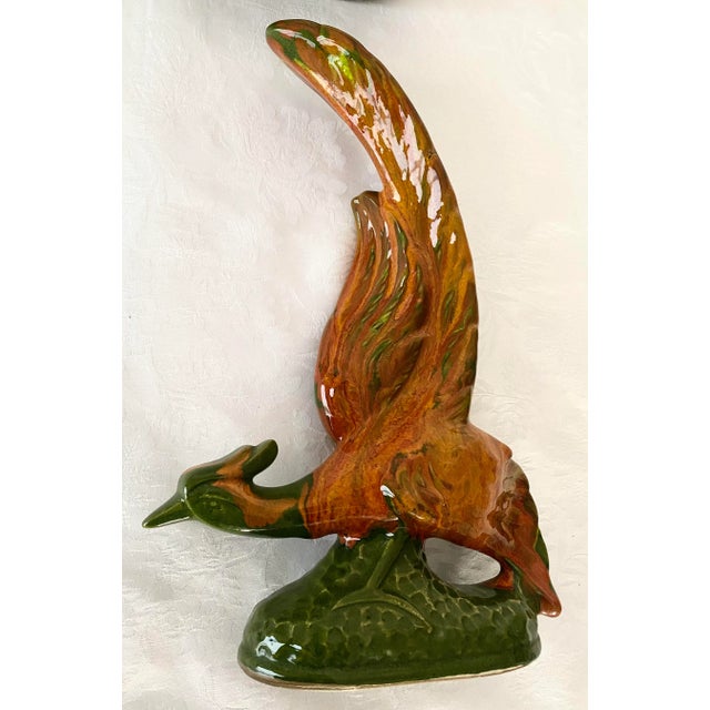Ceramic Rare Mid-Century California Original Pottery/Ceramics Oblong Scalloped Edged Low Bowl & Two Fire Phoenix Pheasant Birds 3 Pieces Excellent Condition. For Sale - Image 7 of 12