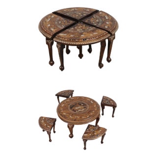 Vintage Anglo Indian Round Inlaid Coffee Table W. 4 Stools For Sale