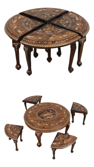 Vintage Anglo Indian Round Inlaid Coffee Table W. 4 Stools