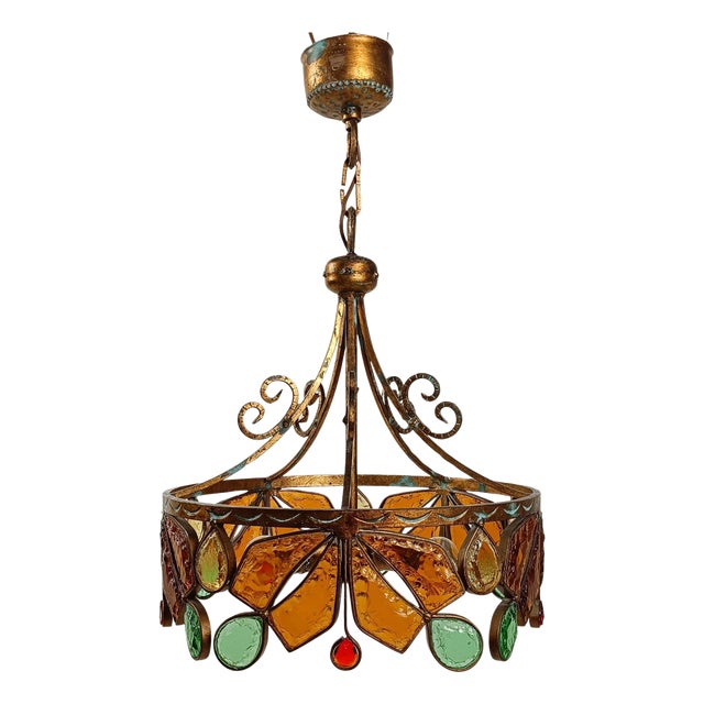 Mid 20th Century Chandelier in Gilt Wrought Iron and Hammered Glass attributed to Longobard, 1970s For Sale