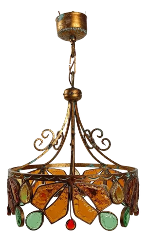 Mid 20th Century Chandelier in Gilt Wrought Iron and Hammered Glass attributed to Longobard, 1970s