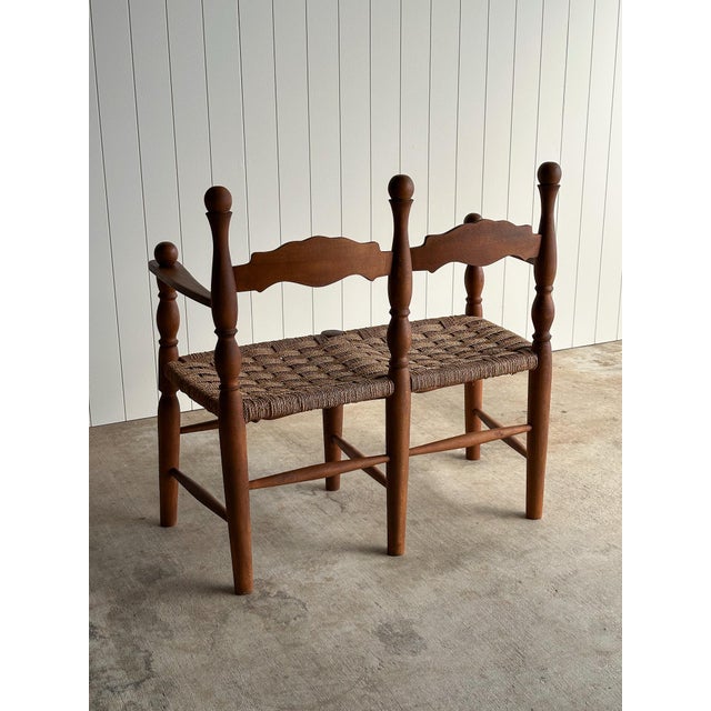 Brown Vintage Sculptural Turned Wood Double Bench With Woven Rope Seat, C. 1950s For Sale - Image 8 of 14