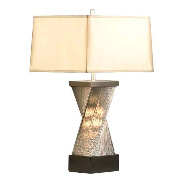 1990s Torque Accent Table Lamp - 24", Espresso Wood & Satin Nickel, Hand-Knotted Silvered Strings, Linen Shade, 4-Way Rotary Switch For Sale