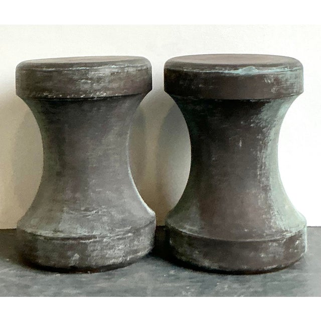 Verdigris Vintage Boho Made Goods “Freda” Concrete Over Fiberglass Low Stools - A Pair For Sale - Image 8 of 12