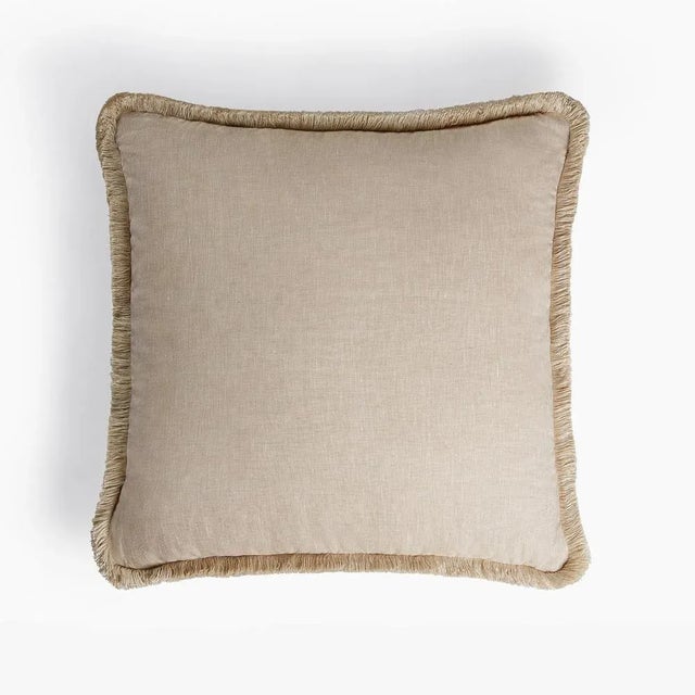 White with Beige Fringes Happy Linen Pillow by LO DECOR for Lorenza Briola For Sale - Image 4 of 6