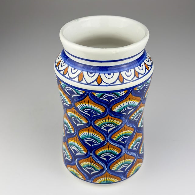 Vintage ceramic vase Blue Peacock’s Feather pattern made in Italy in the 1971-72. Hand-painted Italian majolica albarello...