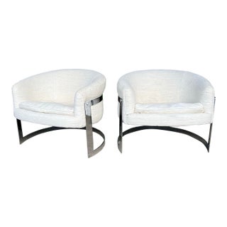 Pair of Cantilever Barrel Back Club Chairs on Chrome Base – Attributed to Milo Baughman For Sale