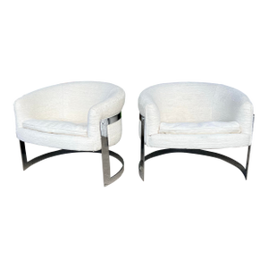 Pair of Cantilever Barrel Back Club Chairs on Chrome Base – Attributed to Milo Baughman
