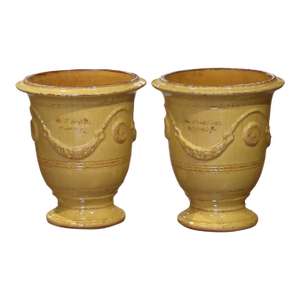 Pair of French Handmade Yellow Glazed Terracotta Anduze Planters by La Madeleine