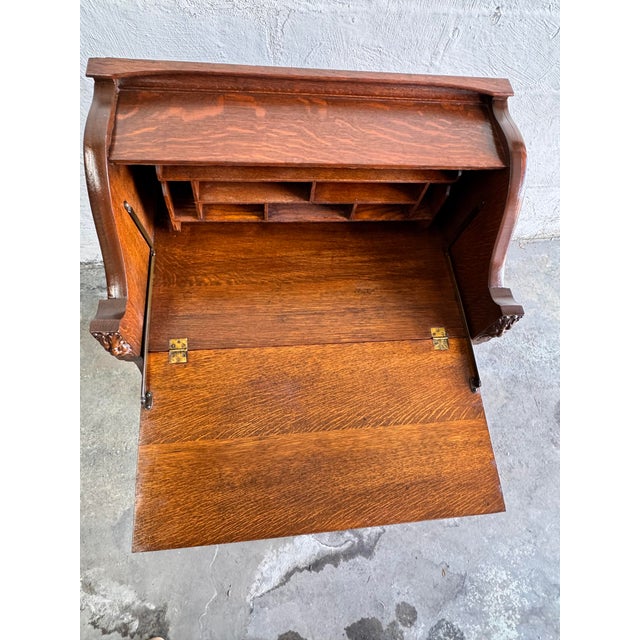 Brown Antique Tiger Oak Slant Front Secretary Desk For Sale - Image 8 of 15