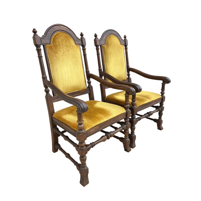 Jacobean 1980s Ethan Allen Jacobean Royal Charter Oak Dining Room Armchairs Gothic Pair For Sale - Image 3 of 15