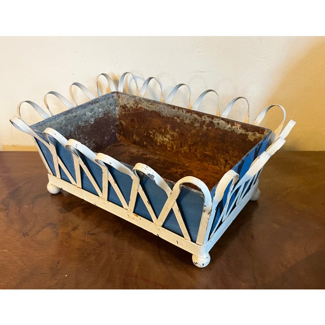 1930's White Painted Zinc Basketweave Cachepot Planter or Jardiniere With Blue Tole Liner on Ball Feet For Sale - Image 10 of 14