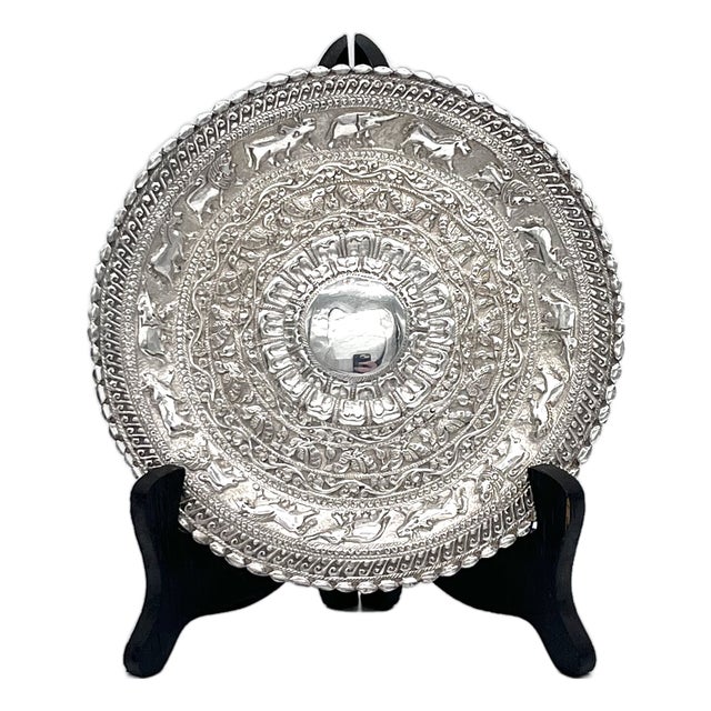 Sterling Silver Moonstone Tray with Elephants, Kandy, Sri Lanka, 1920s For Sale