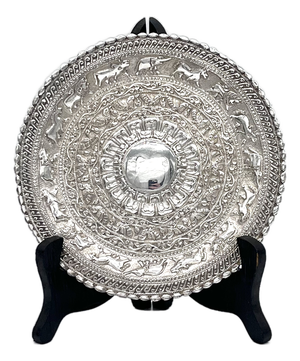 Sterling Silver Moonstone Tray with Elephants, Kandy, Sri Lanka, 1920s