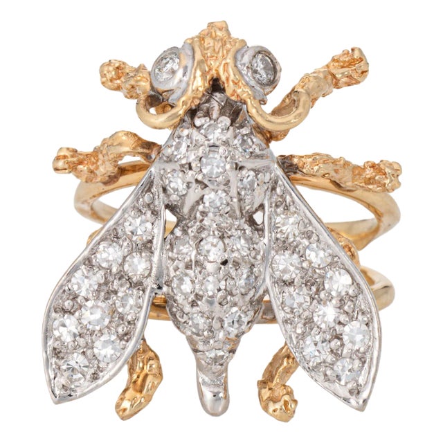 Late 20th Century Diamond Bee Ring Size 6 Large Vintage 14k Yellow Gold Fine Insect Jewelry For Sale