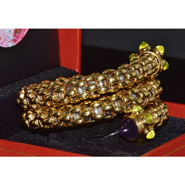 Rare Vintage Fope 18k Gold Double Wrap Twist Snake Bracelet With Amethyst & Peridot For Sale - Image 11 of 15