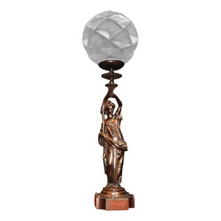 19th Century French Bronze Figural Lady Lamp with Opaline Globe, 1865 For Sale