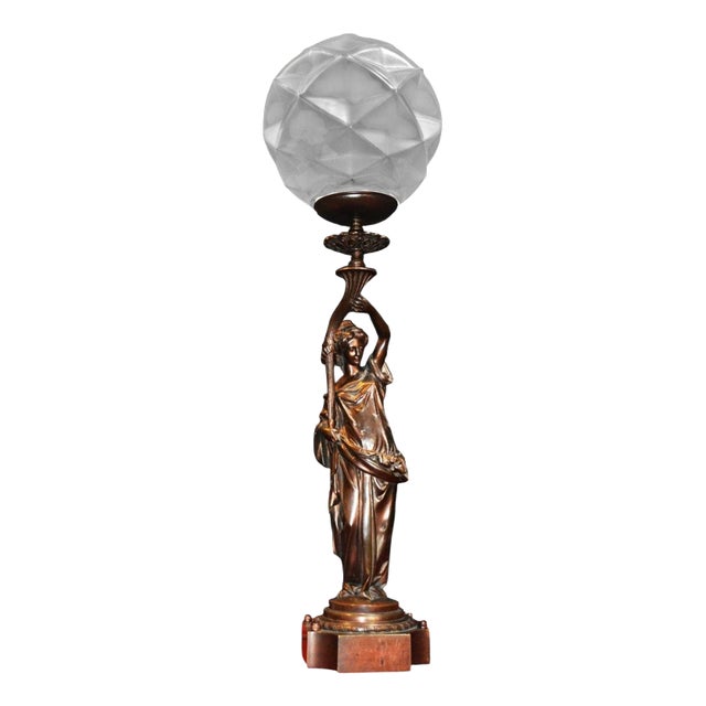 19th Century French Bronze Figural Lady Lamp with Opaline Globe, 1865 For Sale