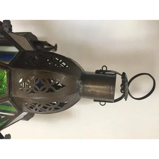 Moroccan Handcrafted Moorish Pendant Lantern With Multi-Color Glass For Sale - Image 11 of 13