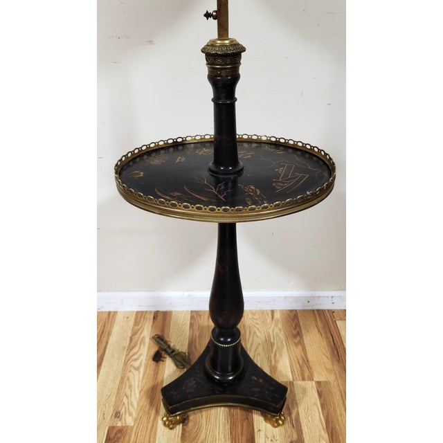Chinoiserie Antique English Regency Black Laquered Chinoiserie & Bronze Telescopic Lamp Table For Sale - Image 3 of 18