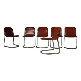 Leather Brick Red-Colored Cantilever Dining Chairs, Italy, 1970s, Set of 6 For Sale