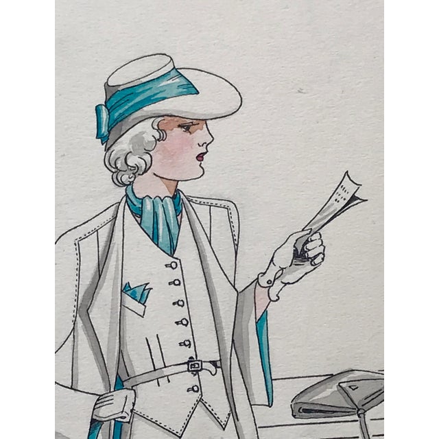 1930s Original Art Deco Era Watercolor Painting Fashion Design by L. Aquaviva 1934 For Sale - Image 5 of 7