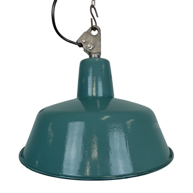 Industrial Green Enamel Factory Lamp with Cast Iron Top, 1960s For Sale