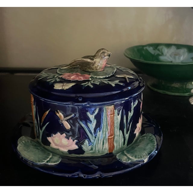 Victorian Forester Antique Cobalt Lidded Butter Dish With Bird For Sale - Image 3 of 14