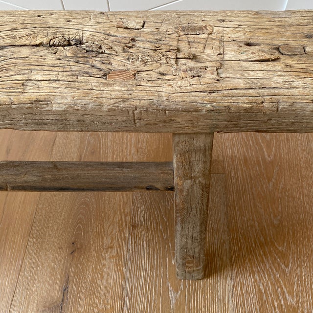 Mid-Century Modern Vintage Rustic Reclaimed Elm Wood Low Bench For Sale - Image 3 of 12