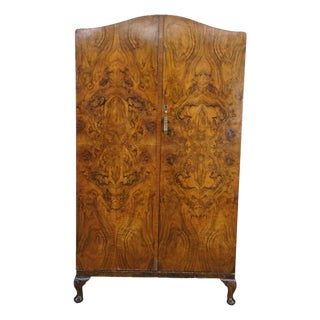 Antique English Art Deco Queen Anne Style Burr Walnut Armoire Wardrobe Closet For Sale