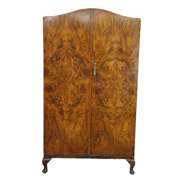 Antique English Art Deco Queen Anne Style Burr Walnut Armoire Wardrobe Closet For Sale