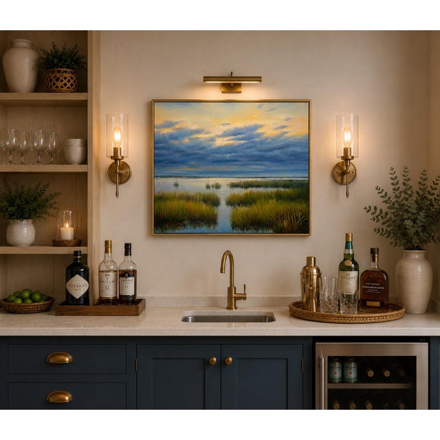 Realism Original Coastal Marsh Oil Painting, 20 X 24 Unstretched Canvas, Blue Sky Wetlands Landscape Art For Sale - Image 3 of 4