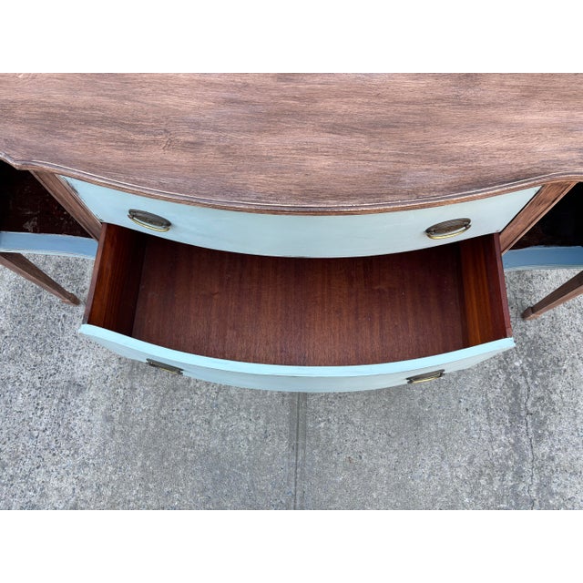 Wood 1920s Painted Sideboard Buffet | Antique Bow Front Server | Hepplewhite Revival Cabinet | Blue Wood Credenza | Farmhouse Cottage Wood Buffet For Sale - Image 7 of 12