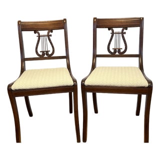 Mid-Century Duncan Phyfe Style Carved Mahogany Lyre Back Side Chairs - A Pair For Sale