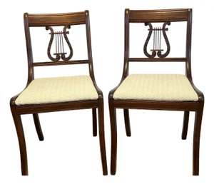 Mid-Century Duncan Phyfe Style Carved Mahogany Lyre Back Side Chairs - A Pair