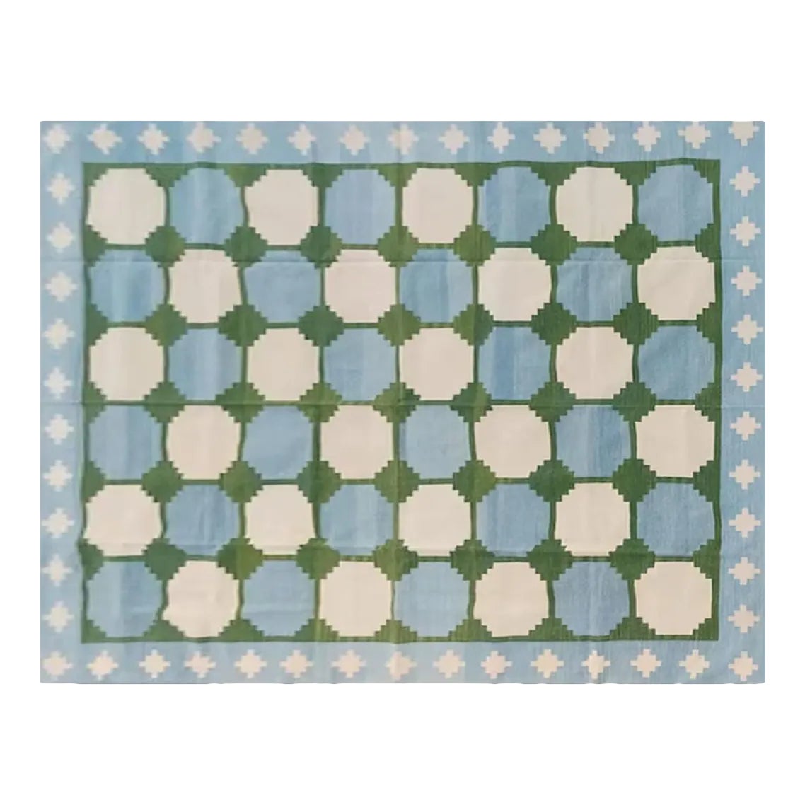 Handmade Woolen Flat Weave Box Pattern Sky Blue and Forest Green Area ...