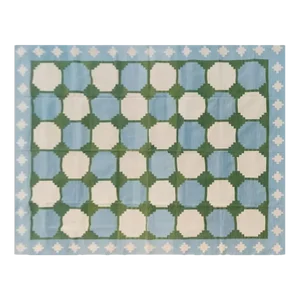 Handmade Woolen Flat Weave Box Pattern Sky Blue and Forest Green Area Rug - 8'x10'