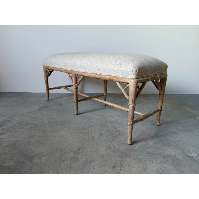 Hollywood Regency Vintage Hollywood Regency Style Faux Bamboo Carved Upholstered Bench For Sale - Image 3 of 12