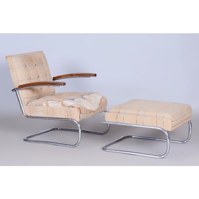 Brown Czech Bauhaus Armchairs and Stool in Beech and Chrome in Steel, 1920s, Set of 3 For Sale - Image 8 of 12