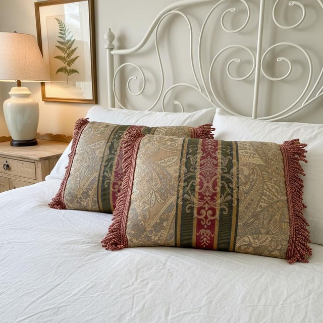 Pair Croscill Paisley Fringe Lumbar Pillows-Burgundy Gold-Traditional-Vintage For Sale - Image 11 of 11