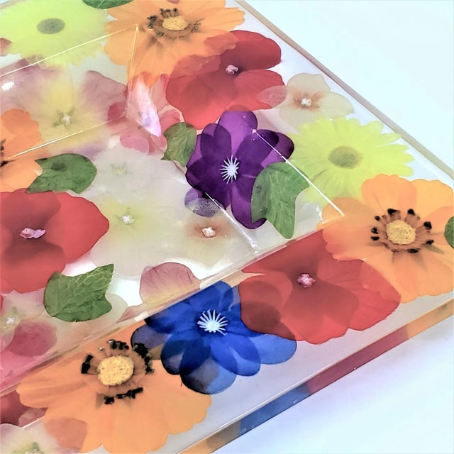 Lucite Tray or Bowl Dyed Silk Flowers For Sale - Image 10 of 10