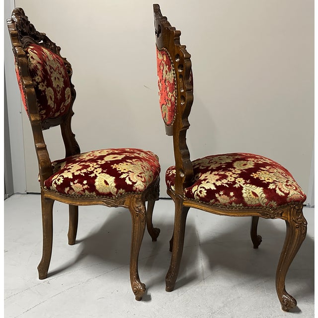 Pair of Antique Late 19th Century Rococo Revival Mahogany & Crimson Velvet Side Chairs For Sale - Image 4 of 12