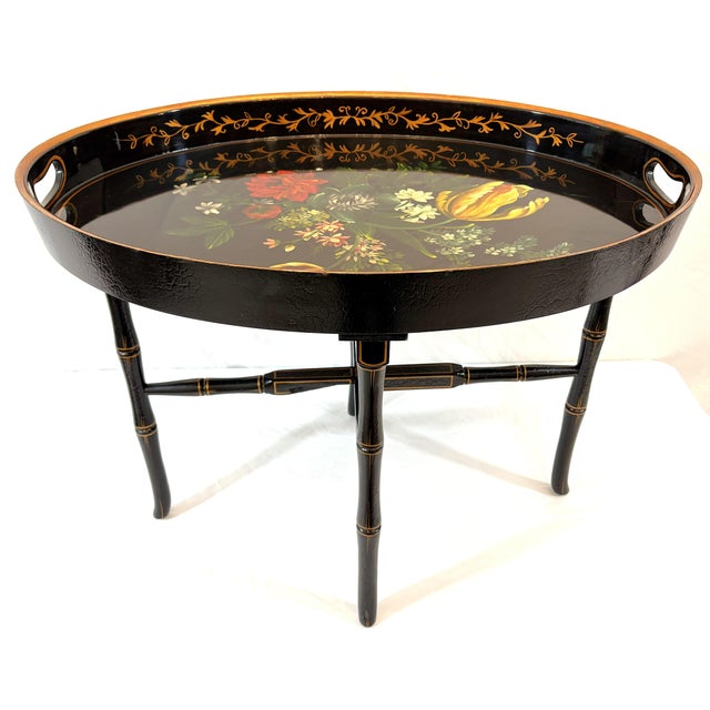 Late 20th Century Regency Chinoiserie Style Lacquer and Faux Bamboo Folding Tray Table For Sale - Image 4 of 18