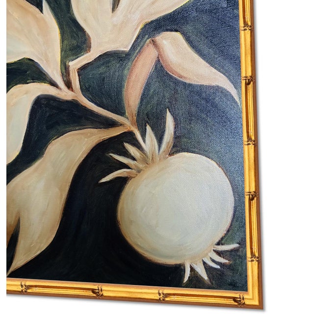 Traditional Original Botanical Pomegranate Painting in Gold Bamboo Frame, Oil on Canvas, 13" X 16" by Tatiana Duperault For Sale - Image 3 of 4