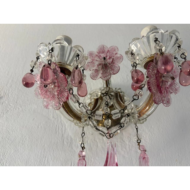 C 1930 Rare Pink Cranberry Fuchsia Murano Flowers Crystal Sconces One of Kind For Sale - Image 6 of 11
