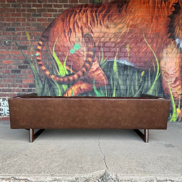 Late 20th Century Midcentury Modern Matallic Brown Tufted Vinyl Sofa Wood and Chrome Legs For Sale - Image 5 of 12